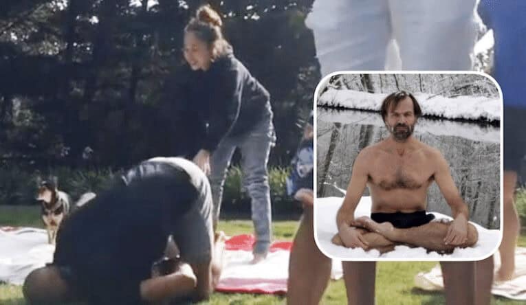 Kelly Slater knocked out (left) by master breather Wim Hof (insert).